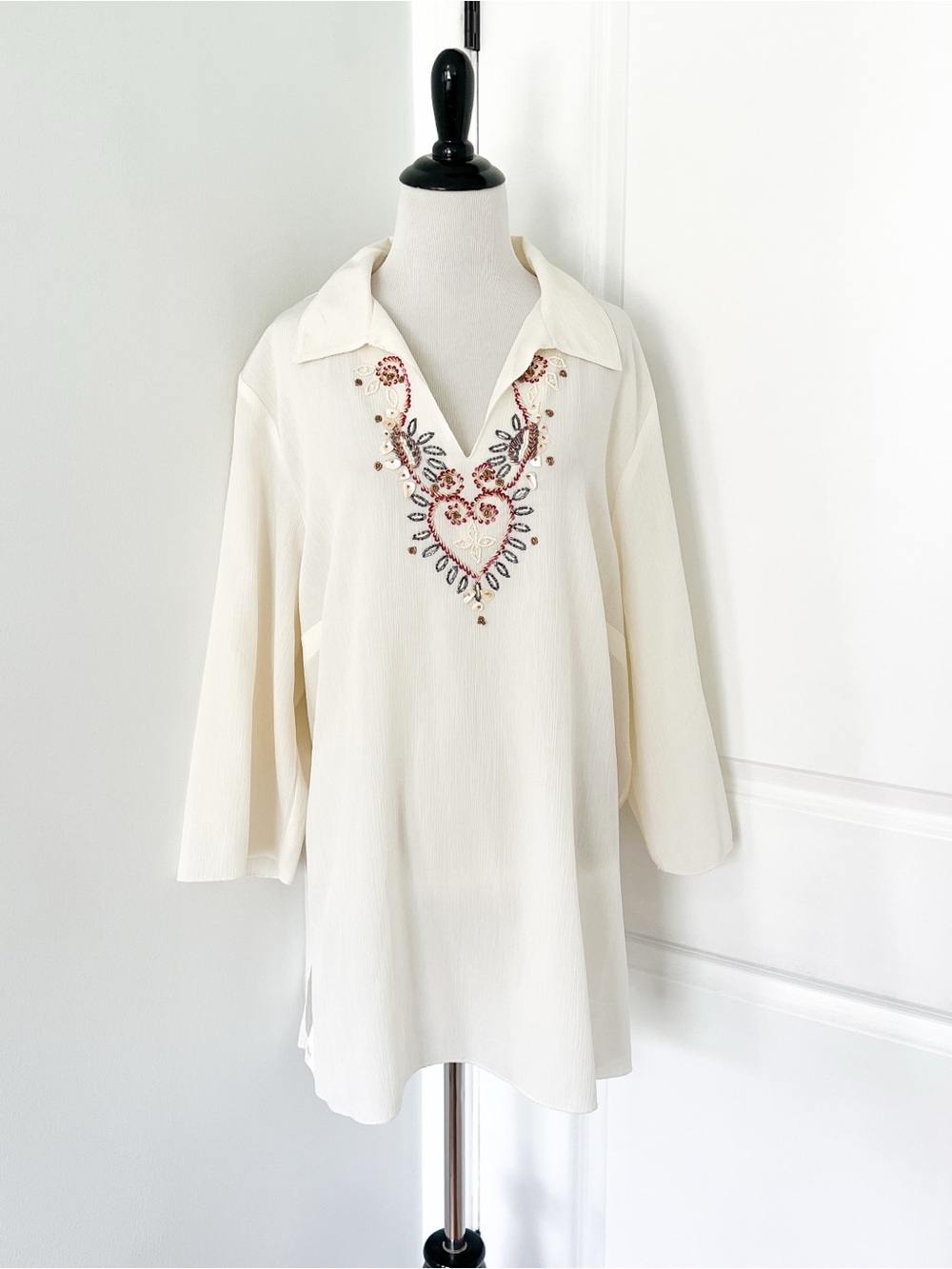 Avenue Cream Boho Tunic with Pink & Brown Beaded Embroidery - Size 18/20
